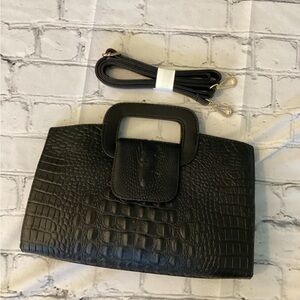 Elegant Black Faux/ False  Leather Crocodile-Embossed Clutch